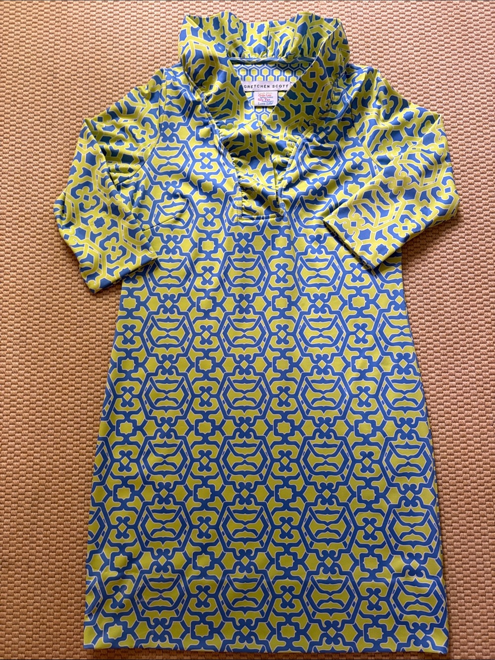 Gretchen Scott Designs Mini Dress in Yellow and Blue Geometric Print